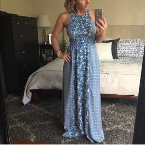 Japna Blue and White Smocked Sleveless Maxi Dress